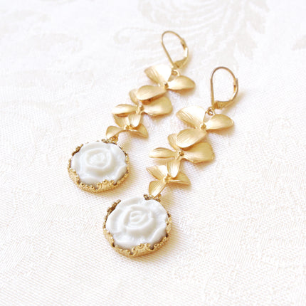 Porcelain Moonlight Rose and Triple Leaves Drop Earrings