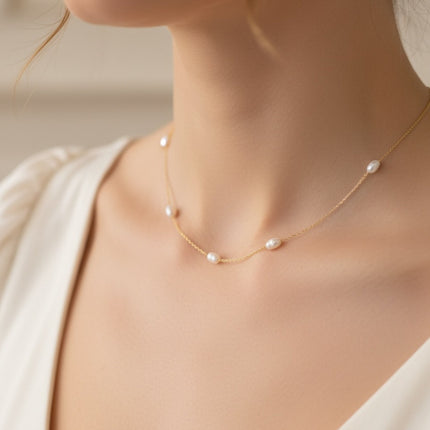 Solid 14k Gold Natural Spaced Pearl Necklace