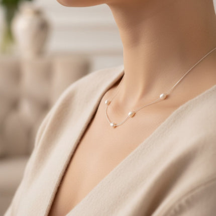 Solid 14k White Gold Natural Spaced Pearl Necklace