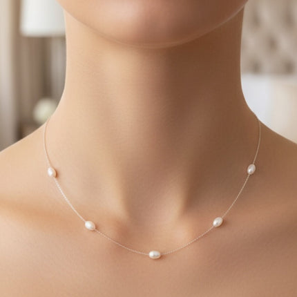 Solid 14k White Gold Natural Spaced Pearl Necklace