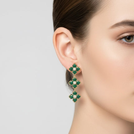 Flower Clover Triple Drop Earrings Malachite Gold