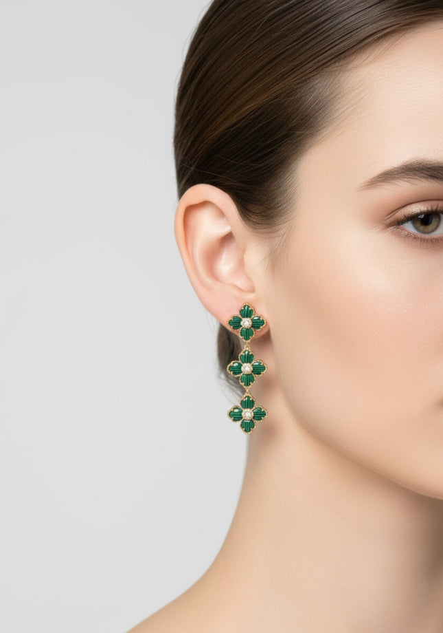 Flower Clover Triple Drop Earrings Malachite Gold
