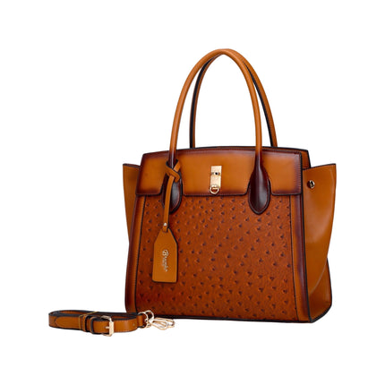Brangio Italy Ostrich-Embossed Luxury Handbag – Neutral Faux Leather Satchel Purse With Gold Lock Accent | U.S.A. Compan