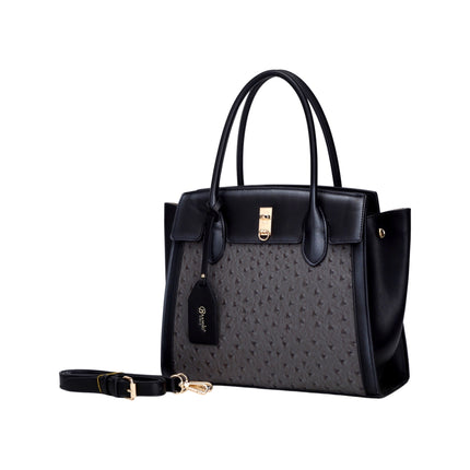 Brangio Italy Ostrich-Embossed Luxury Handbag – Neutral Faux Leather Satchel Purse With Gold Lock Accent | U.S.A. Compan