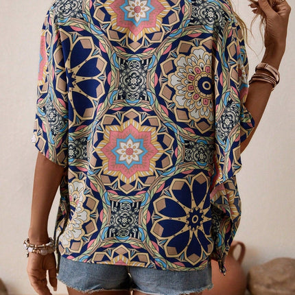 Boho Print V-Neck Short Sleeve Top – Summer Casual