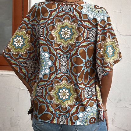 Boho Print V-Neck Short Sleeve Top – Summer Casual