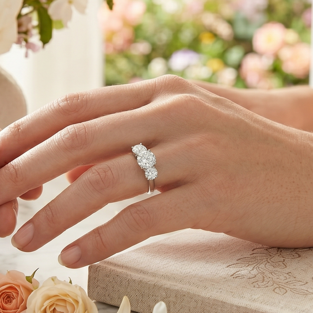 AGI Certified 2 CTW Classic Three-Stone Round Lab Grown Diamond (G-Vs) Engagement Ring in 14K White Gold