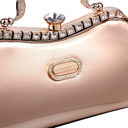 Brangio Italy Ruby Glamour Evening Handbag – Patent Faux Leather Purse With Crystal-Studded Frame & Diamond Top Clasp |