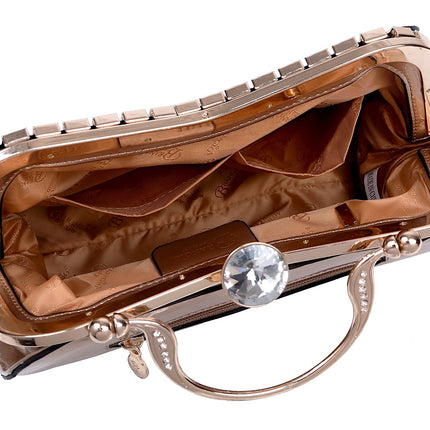 Brangio Italy Ruby Glamour Evening Handbag – Patent Faux Leather Purse With Crystal-Studded Frame & Diamond Top Clasp |