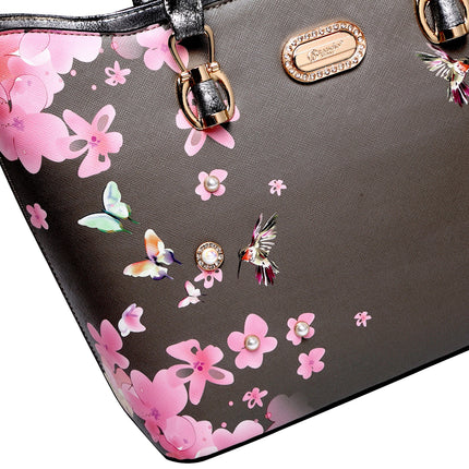 Hummingbird Bloom Vegan Leather Handle Bag + Wallet