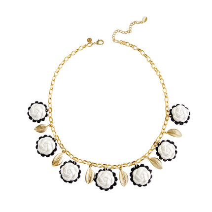 Porcelain Camellias and Golden Leaves Necklace