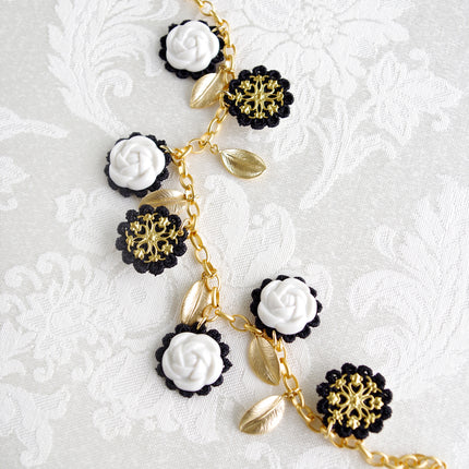 Porcelain Camellias and Golden Leaves Necklace