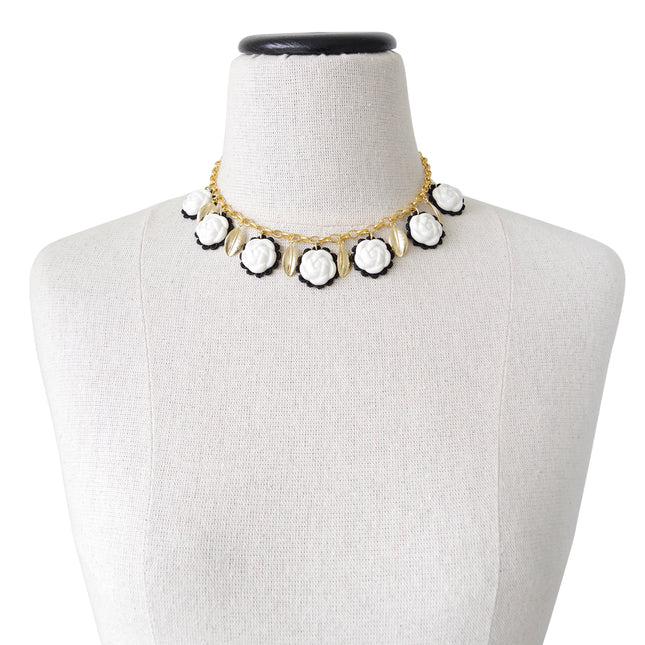 Porcelain Camellias and Golden Leaves Necklace