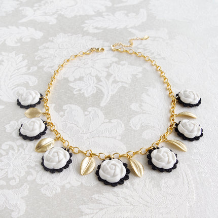 Porcelain Camellias and Golden Leaves Necklace