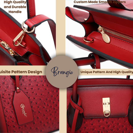 Brangio Italy Ostrich-Embossed Luxury Handbag – Neutral Faux Leather Satchel Purse With Gold Lock Accent | U.S.A. Compan