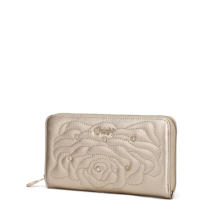 Brangio Italy Rose Quilted Zip-Around Wallet – Gold Faux Leather Wristlet Clutch With Rhinestones | U.S.A. Company Ships