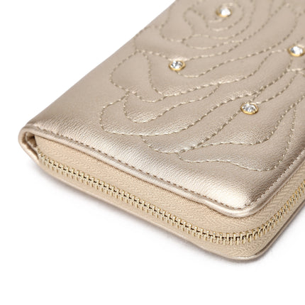 Brangio Italy Rose Quilted Zip-Around Wallet – Gold Faux Leather Wristlet Clutch With Rhinestones | U.S.A. Company Ships