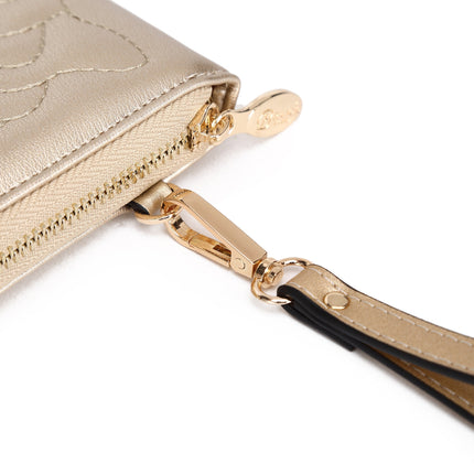 Brangio Italy Rose Quilted Zip-Around Wallet – Gold Faux Leather Wristlet Clutch With Rhinestones | U.S.A. Company Ships