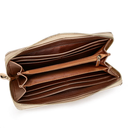 Brangio Italy Rose Quilted Zip-Around Wallet – Gold Faux Leather Wristlet Clutch With Rhinestones | U.S.A. Company Ships