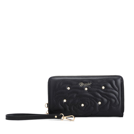 Brangio Italy Rose Quilted Zip-Around Wallet – Gold Faux Leather Wristlet Clutch With Rhinestones | U.S.A. Company Ships
