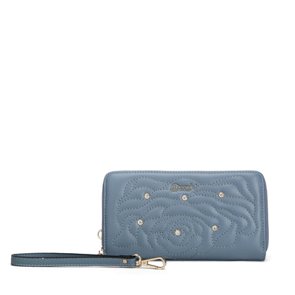 Brangio Italy Rose Quilted Zip-Around Wallet – Gold Faux Leather Wristlet Clutch With Rhinestones | U.S.A. Company Ships