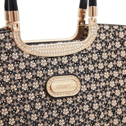 Brangio Italy Luxury Floral Pattern Handbag – Designer Top Handle Tote With Rhinestone Detail & Crossbody Strap