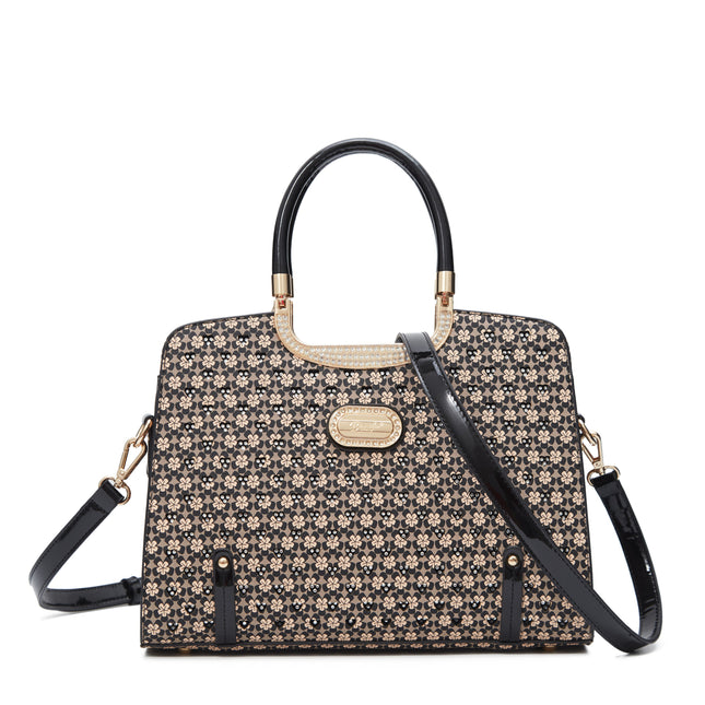 Brangio Italy Luxury Floral Pattern Handbag – Designer Top Handle Tote With Rhinestone Detail & Crossbody Strap
