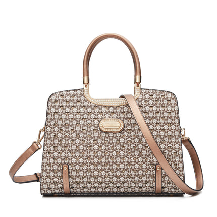 Brangio Italy Luxury Floral Pattern Handbag – Designer Top Handle Tote With Rhinestone Detail & Crossbody Strap