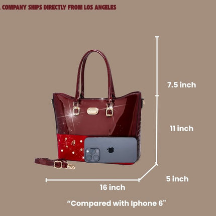 Brangio Italy Burgundy Patent Leather Tote Bag – Luxury Designer Handbag With Crystal & Pearl Accents