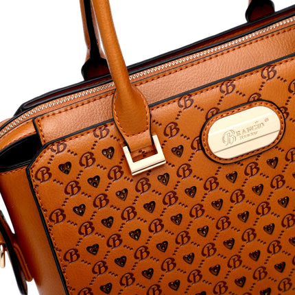 Brangio Italy Monogram Designer Satchel – Cognac Faux Leather Handbag With Signature “B” Heart Print & Convertible Strap