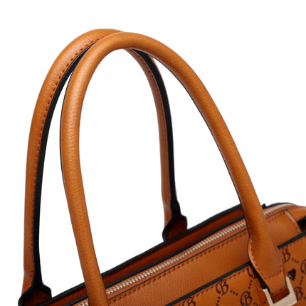 Brangio Italy Monogram Designer Satchel – Cognac Faux Leather Handbag With Signature “B” Heart Print & Convertible Strap