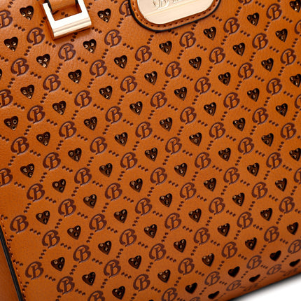 Brangio Italy Monogram Designer Satchel – Cognac Faux Leather Handbag With Signature “B” Heart Print & Convertible Strap