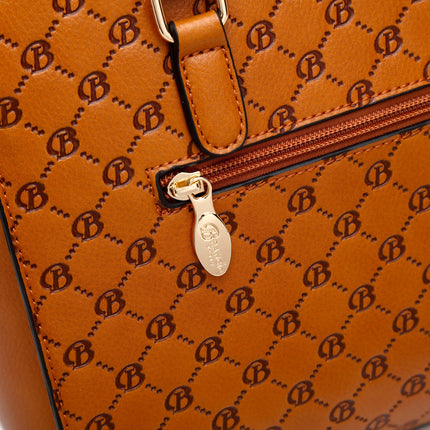 Brangio Italy Monogram Designer Satchel – Cognac Faux Leather Handbag With Signature “B” Heart Print & Convertible Strap