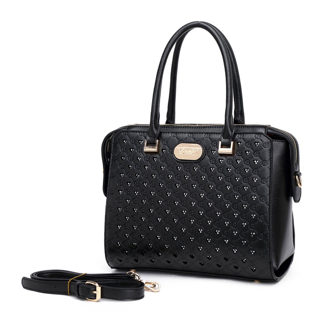 Brangio Italy Monogram Designer Satchel – Cognac Faux Leather Handbag With Signature “B” Heart Print & Convertible Strap