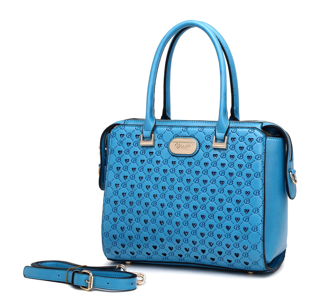 Brangio Italy Monogram Designer Satchel – Cognac Faux Leather Handbag With Signature “B” Heart Print & Convertible Strap