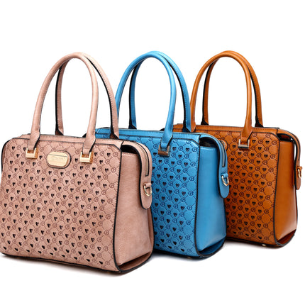 Brangio Italy Monogram Designer Satchel – Cognac Faux Leather Handbag With Signature “B” Heart Print & Convertible Strap