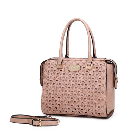 Brangio Italy Monogram Designer Satchel – Cognac Faux Leather Handbag With Signature “B” Heart Print & Convertible Strap