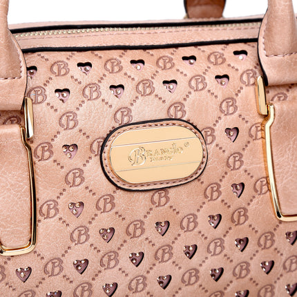 Brangio Italy Black Monogram Dome Handbag – Faux Leather Satchel With Embossed “B” Heart Print & Gold Hardware | U.S.A.
