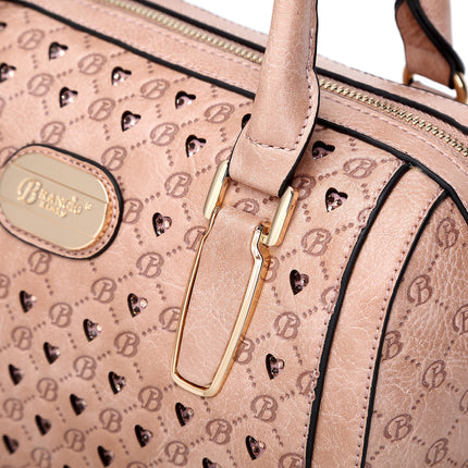 Brangio Italy Black Monogram Dome Handbag – Faux Leather Satchel With Embossed “B” Heart Print & Gold Hardware | U.S.A.