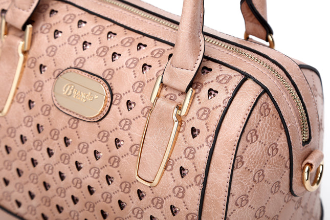 Brangio Italy Black Monogram Dome Handbag – Faux Leather Satchel With Embossed “B” Heart Print & Gold Hardware | U.S.A.