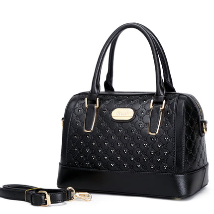 Brangio Italy Black Monogram Dome Handbag – Faux Leather Satchel With Embossed “B” Heart Print & Gold Hardware | U.S.A.