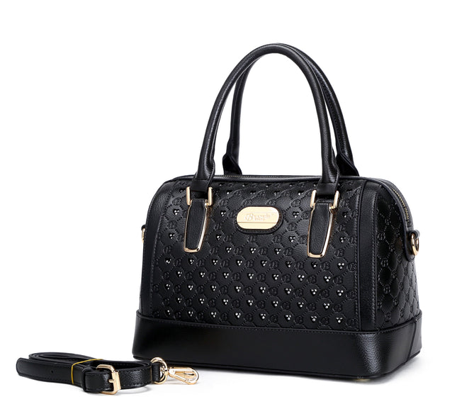 Brangio Italy Black Monogram Dome Handbag – Faux Leather Satchel With Embossed “B” Heart Print & Gold Hardware | U.S.A.