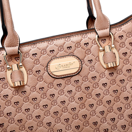 Brangio Italy Blue Monogram Tote Bag – Designer Faux Leather Handbag With Signature “B” Heart Print & Gold Hardware | U.