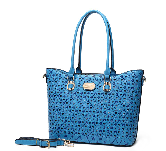 Brangio Italy Blue Monogram Tote Bag – Designer Faux Leather Handbag With Signature “B” Heart Print & Gold Hardware | U.