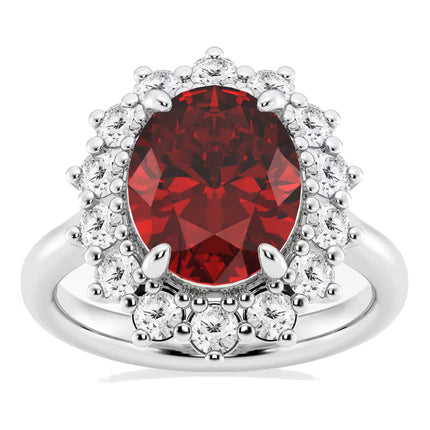 AGI Certified 3CTW Oval Lab Ruby Princess Diana Engagement Ring With Lab Diamond Halo in Choice of 14K White or Yellow G