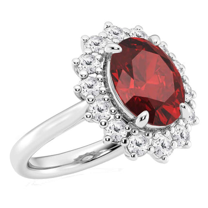 AGI Certified 3CTW Oval Lab Ruby Princess Diana Engagement Ring With Lab Diamond Halo in Choice of 14K White or Yellow G