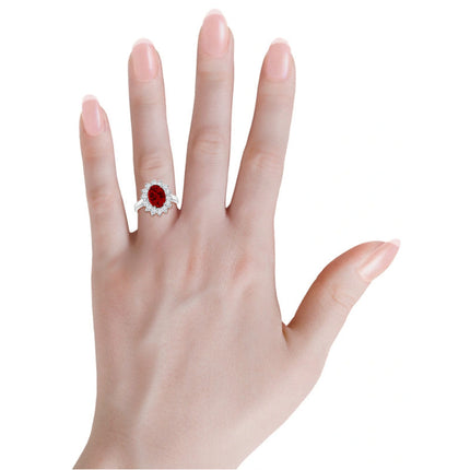 AGI Certified 3CTW Oval Lab Ruby Princess Diana Engagement Ring With Lab Diamond Halo in Choice of 14K White or Yellow G