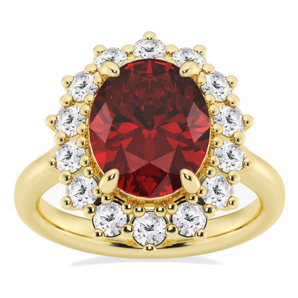 AGI Certified 3CTW Oval Lab Ruby Princess Diana Engagement Ring With Lab Diamond Halo in Choice of 14K White or Yellow G