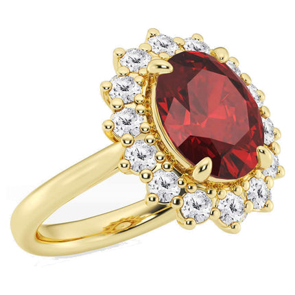 AGI Certified 3CTW Oval Lab Ruby Princess Diana Engagement Ring With Lab Diamond Halo in Choice of 14K White or Yellow G