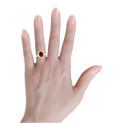 AGI Certified 3CTW Oval Lab Ruby Princess Diana Engagement Ring With Lab Diamond Halo in Choice of 14K White or Yellow G